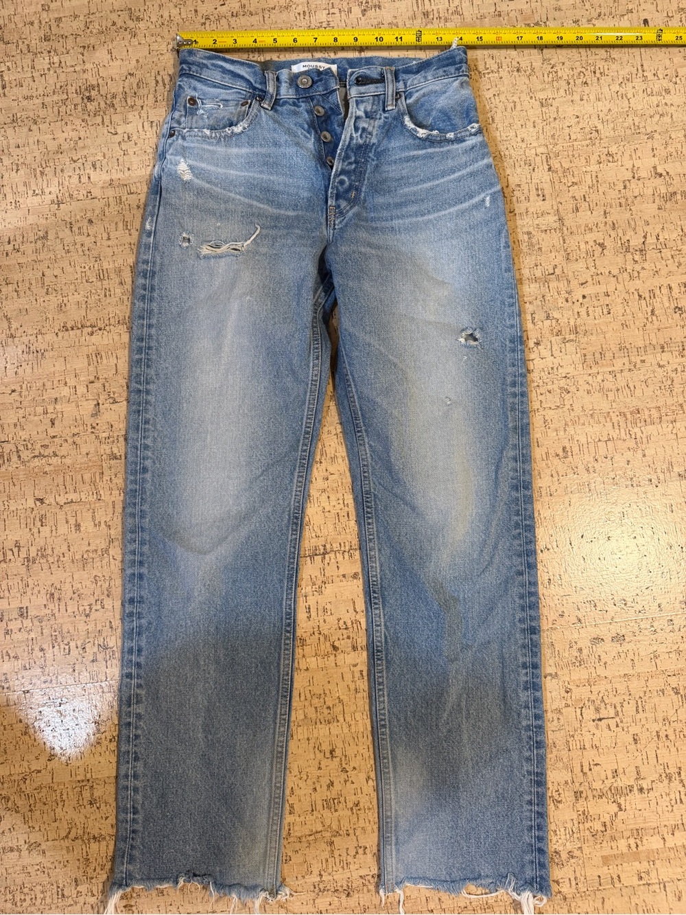 MOUSSY Vintage Straight Leg Jeans 25 Distressed Button Fly Raw Hem Blue